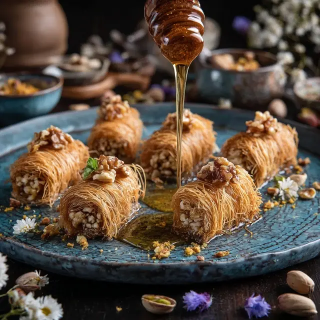 Kataifi Baklava Rolls with Honey Glaze - A decadent recipe for kataifi baklava rolls with honey glaze—crispy... Kataifi Baklava Rolls with Honey Glaze - Kataifi Recipes | Laravel