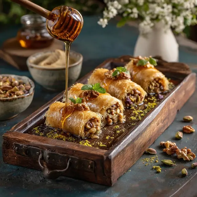 Vegan Kataifi Rolls with Date Syrup - A plant-based twist on kataifi rolls—crispy pastry filled with nuts... Vegan Kataifi Rolls with Date Syrup - Kataifi Recipes | Laravel